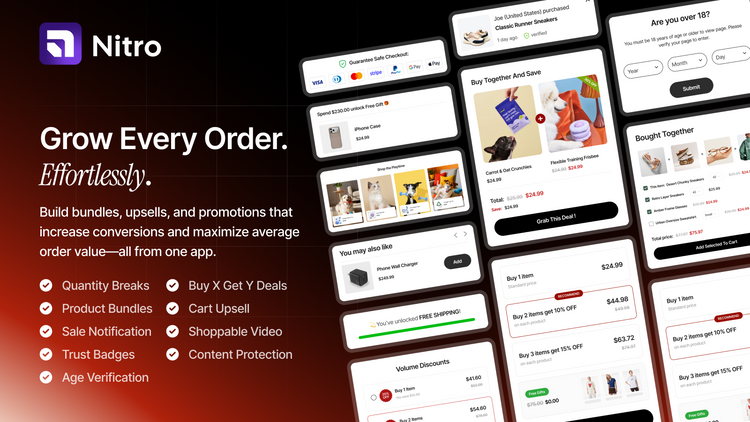 Nitro Upsell features: quantity breaks, product bundles, buy X get Y, cart upsell, sale notifications, shoppable video, trust badges and age verification