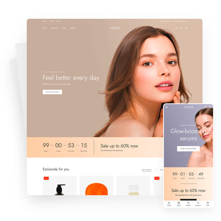 Vetro beauty Shopify theme on desktop and mobile